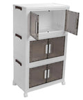 Super Sturdy Folding Storage Bins With Four Rollers For No Sweat Moving Quick Assembly Durable Plastic Bins are stacked with open doors.