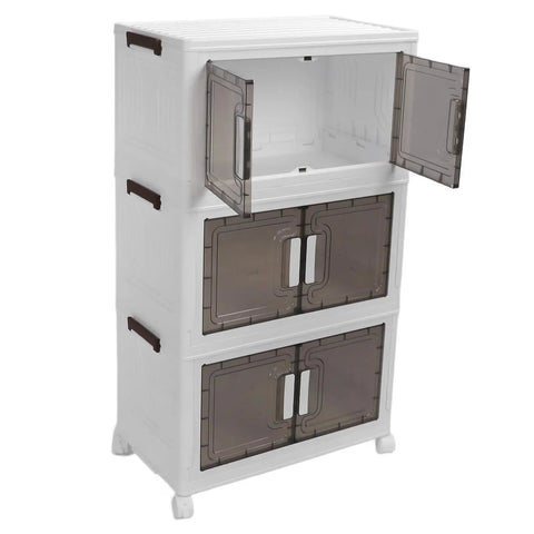 Super Sturdy Folding Storage Bins With Four Rollers For No Sweat Moving Quick Assembly Durable Plastic Bins stacked, open compartments for easy access.