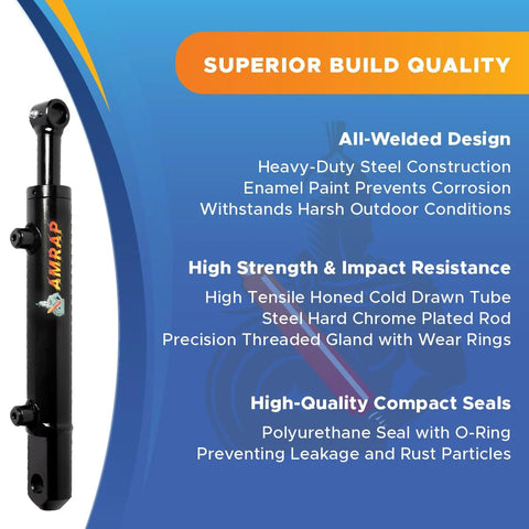 Side view of 2x18 hydraulic cylinder with 2 in bore and 18 in stroke, welded tang mount, black steel body