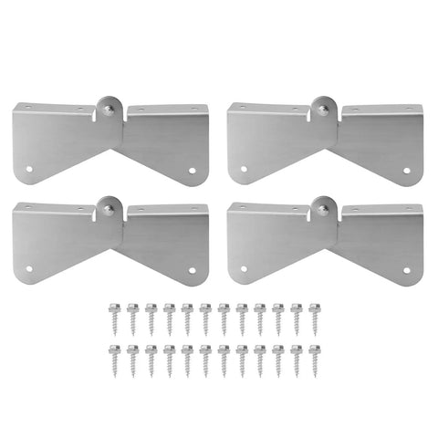 Four stainless steel gutter extension hinges with screws, easy install, universal fit for any pipe, no fuss lawn care solution for mowing