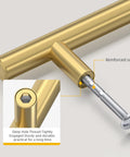 Close-up of Brushed Gold Cabinet Handles 10 Pack 3 Inch Stainless Steel Drawer Pulls Durable Kitchen Cabinet Hardware With 76mm Hole Centers And 127mm Total Length For Dresser Wardrobe Bathroom And Bedroom Easy DIY Upgrade, showing reinforced screw detail.