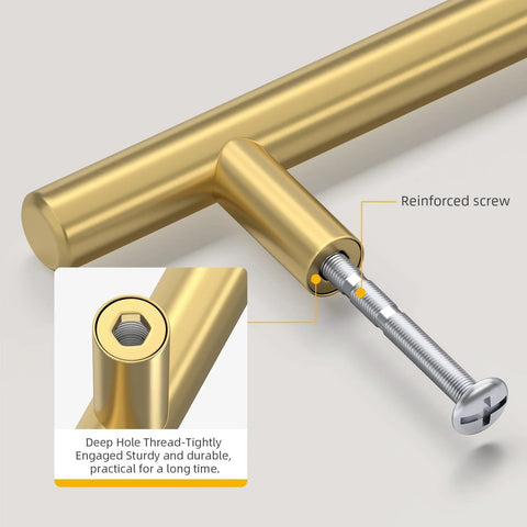 Close-up of Brushed Gold Cabinet Handles 10 Pack 3 Inch Stainless Steel Drawer Pulls Durable Kitchen Cabinet Hardware With 76mm Hole Centers And 127mm Total Length For Dresser Wardrobe Bathroom And Bedroom Easy DIY Upgrade, showing reinforced screw detail.