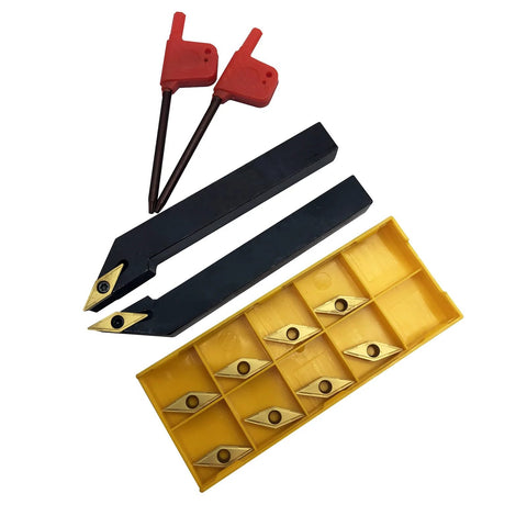 Two black 1/2-inch indexable turning tool holders with VCMT carbide inserts and a yellow insert storage case
