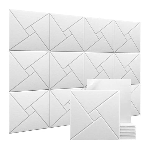 Twelve Piece Heavy Duty Acoustic Foam Wall Panels Crafted For Home Studios And Modern Workspaces Delivering Top Shelf Sound Dampening And Flame Retardant Coverage. White foam tiles arranged in a geometric pattern.