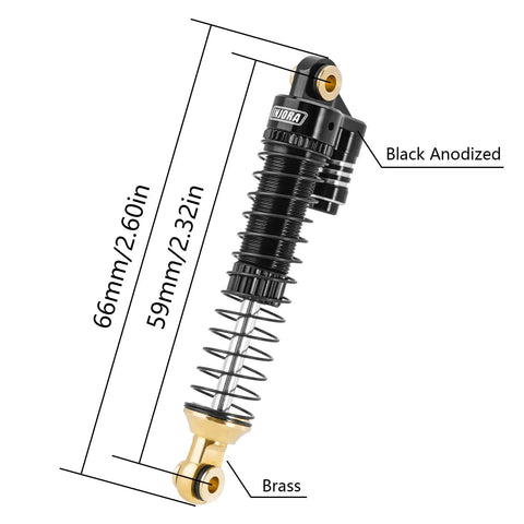 Beefed Up Brass And Aluminum 59mm Long Threaded Oil Shock For TRX4M RC Car Upgrade, detailed view of black anodized body