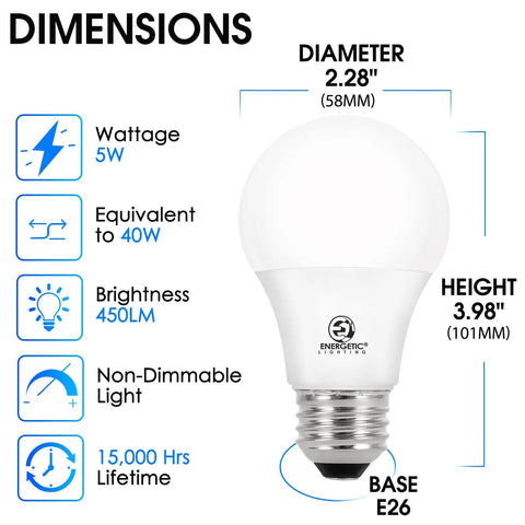 40W Equivalent A19 LED Bulb Soft White 2700K Non Dimmable E26 Base ETL Listed, dimensions and specifications shown