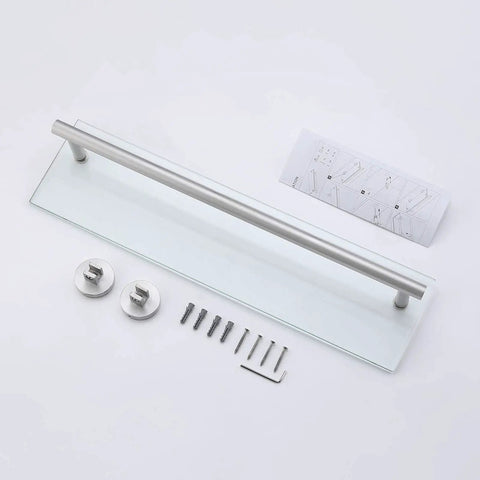 Tempered Glass Bathroom Shelf With Towel Bar 20 Inch Wall Mounted Storage Unit in Brushed Stainless Steel SUS 304 with hardware