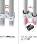 Eight Set Double Port Parallel Pipe Clamp Connectors For Three Quarter Inch Emt Fitting No Shims Needed Built Like A Tank Galvanized Steel Electrical Conduit Coupler With Snug Fit Hardware Dead Simple Install showing fitting of EMT tube.