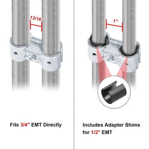 Eight Set Double Port Parallel Pipe Clamp Connectors For Three Quarter Inch Emt Fitting No Shims Needed Built Like A Tank Galvanized Steel Electrical Conduit Coupler With Snug Fit Hardware Dead Simple Install showing fitting of EMT tube.