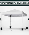 Easy Up 10x10 Pop Up Canopy Tent With Heavy Duty Frame Hangout Ready Beach Shade Shelter, shown with dimensions and white fabric.