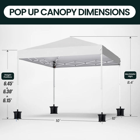 Easy Up 10x10 Pop Up Canopy Tent With Heavy Duty Frame Hangout Ready Beach Shade Shelter, shown with dimensions and white fabric.