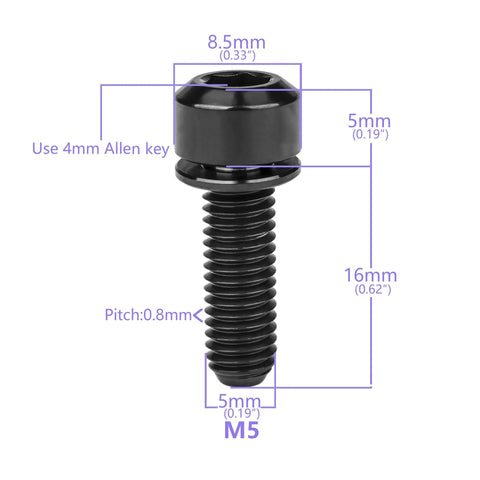 Titanium Bike Stem Bolts M5x16 18 20mm Socket Cap Head Screws With Washers Pack Of 6 Black Grade 5 6AL4V Ultralight Strength