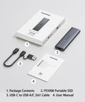 Ultra Fast 2TB External SSD With USB 3.2 Gen2 Type C, PS1008, with cable, manual, and box shown