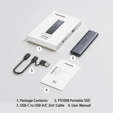 Ultra Fast 2TB External SSD With USB 3.2 Gen2 Type C, PS1008, with cable, manual, and box shown