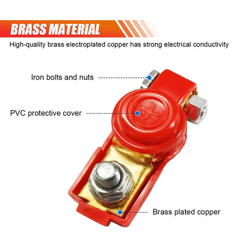 Battery Terminal Clamps Set For Positive And Negative Posts Pure Copper Quick Release Cable Ends with red PVC cover