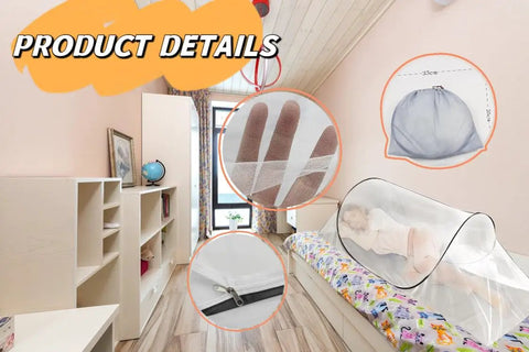 2 Pack Pop Up Mosquito Net Tent For Bed Sleep, Foldable Portable Enclosure in bedroom showing breathable fine mesh and zipper closure
