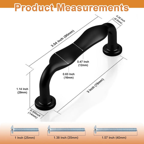 Matte Black Cabinet Handles 30 Pack With 3 Inch Hole Centers 76mm Solid Zinc Alloy Kitchen Cupboard Drawer Pulls Product Measurements