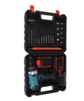 Heavy Duty Cordless Electric Drill Kit With Two 21V Lithium Batteries And Quick Swap Chuck inside a storage case with accessories.