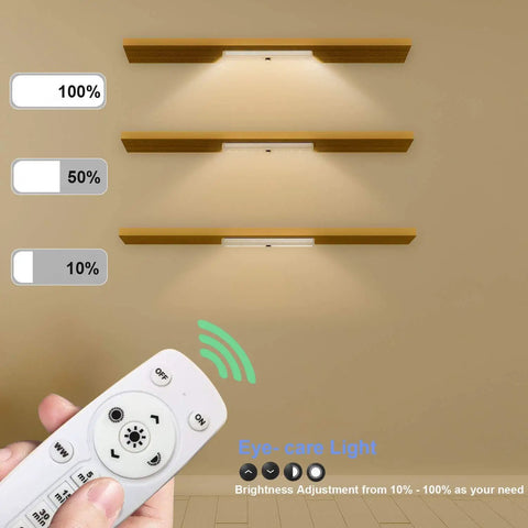 Under Cabinet Lights Wireless With Remote And Touch Control, dimmable LED lights installed on shelves with remote in view