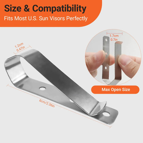 Stainless Steel Car Sun Visor Remote Clip Four Pack Secure Your Garage Door Opener Remote with size dimensions shown