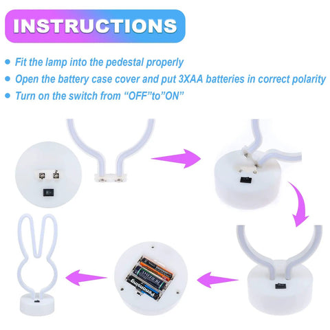 Instructions for Bunny Shape LED Neon Sign Totally Lit For Easter Rooms Colorful Rabbit Neon Lights USB Or Battery Powered Night Light With Base
