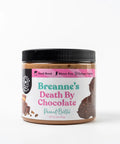Front view of Death By Chocolate Peanut Butter Totally Loaded With Crushed Double Chocolate Cookies Mini Peanut Butter Cups And Mini Chocolate Chips In A Small Batch Hand Whipped Gluten Free Breannes Blend jar