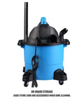 Powerful 5 Gallon Wet Dry Shop Vacuum with 3 Peak HP Motor, showing blue finish and onboard accessory storage.