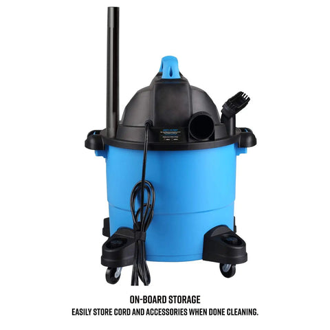 Powerful 5 Gallon Wet Dry Shop Vacuum with 3 Peak HP Motor, showing blue finish and onboard accessory storage.