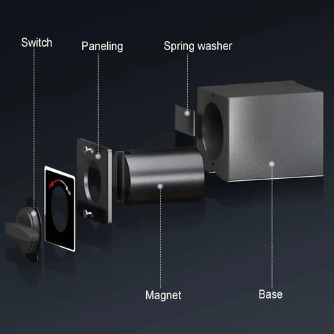 Heavy Duty Magnetic Base Stand For Dial Indicator With 360 Degree Adjustable Arm And Swivel Joints For Rock Solid Holding Power Up To 100kg In Machining And Inspection Jobs assembly view with labeled components like switch and magnet.