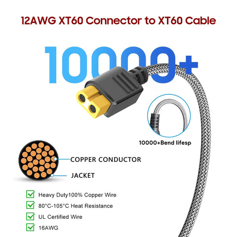 XT60 Male To XT60 Female Extension Cable 10 Ft 3 M Charging Cable, durable copper conductor and nylon braided jacket close-up.