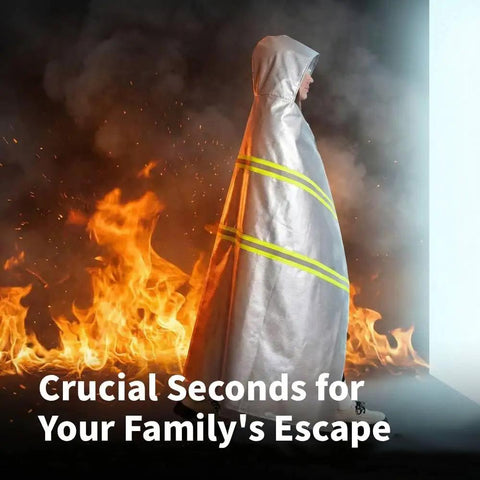 Person wearing Emergency Fireproof Hooded Cloak For Quick Fire Escape, Life Saver Silver Silicone Coated Fiberglass Fire Blanket 59 By 63 Inches