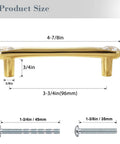 Gold crystal drawer pull with 3-3/4 inch hole center and 5 inch length, showing measurements and screws detail.