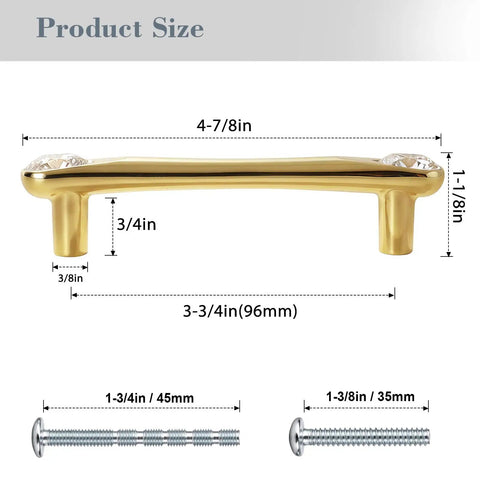 Gold crystal drawer pull with 3-3/4 inch hole center and 5 inch length, showing measurements and screws detail.