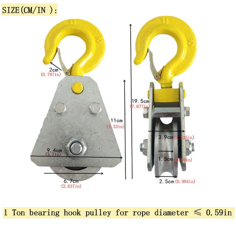 Two Pack 1 Ton Snatch Block With Hook Bearing Pulley For Wire Rope Electric Hoist Under Hook Lift System Built Like A Tank Heavy Duty Alloy Steel Construction Labor Saving Hook Trolley