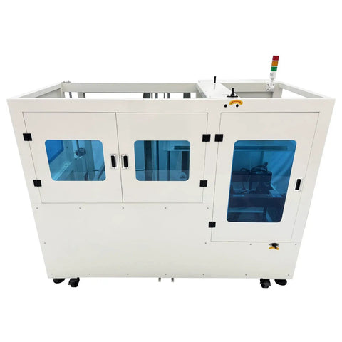 High Speed Automatic Carton Erector And Bottom Tape Sealer 8 To 15 Boxes Per Minute No Sweat Warehouse Workhorse For Factory Packaging Lines Fast Track 220V Box Forming Machine, front view with doors.