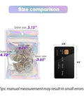 Size comparison of Holographic Packaging Bags 3.1x4.7 Inch Resealable Foil Mylar Pouches with a credit card