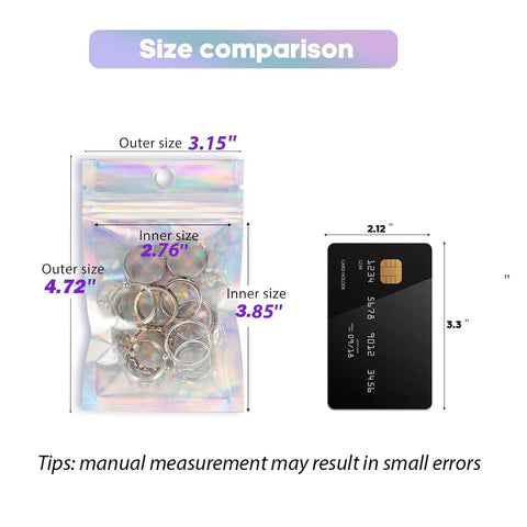 Size comparison of Holographic Packaging Bags 3.1x4.7 Inch Resealable Foil Mylar Pouches with a credit card