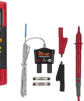 CAT IV 600V Digital Multimeter with True RMS Reads AC and DC voltage, probes, and accessories displayed on white background