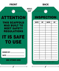 OSHA Compliant Scaffolding Tags By The Roll, green attention sign with safety message, 6.25x3 inches, front and back view