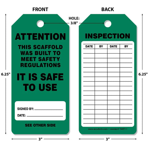 OSHA Compliant Scaffolding Tags By The Roll, green attention sign with safety message, 6.25x3 inches, front and back view