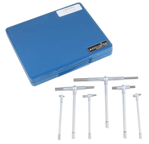 Front view: Telescoping gauge set, Accusize satin chrome, 6 pcs, 5/16–6 in, blue case