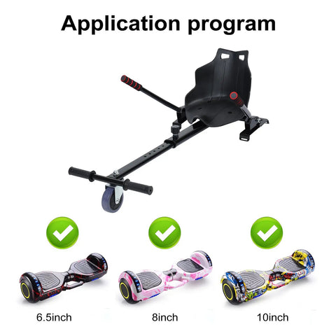 Seat Attachment For Self Balancing Scooters Go Kart Conversion Kit For Kids And Adults Safe And Stable Accessory Fits 6.5, 8 And 10 Inch Models Ideal Gift Black shown with compatible hoverboards.