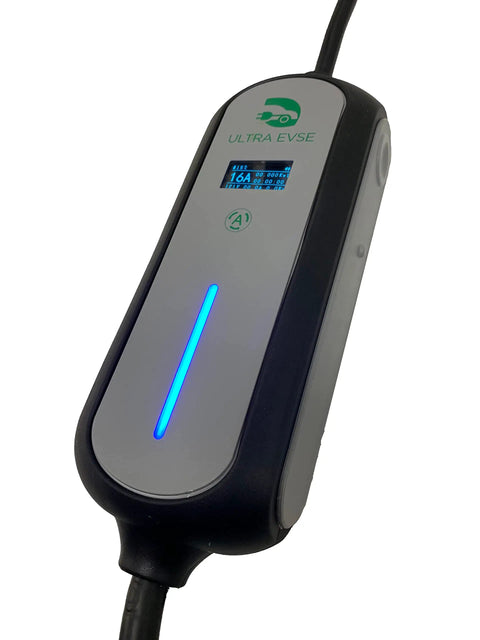 Heavy Duty Electric Vehicle Charger With 25 Foot Cord J1772 Connector And Nema Adapters, 16A charging display and LED indicator.