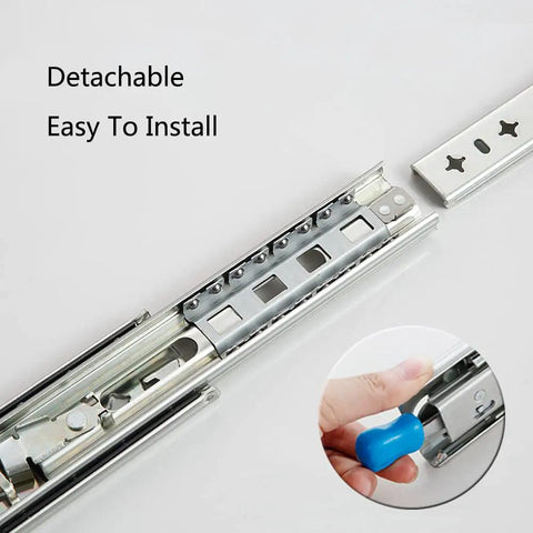 No Nonsense Heavy Duty Ball Bearing Drawer Slides With Solid Locking Feature shown in detail, showcasing easy installation with blue tool.