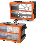 Heavy Duty Plastic Organizing Case Featuring Custom Removable Walls For Screws Bolts Fasteners And Miniature Project Parts Engineered For Tough Daily Grind, viewed from the front and side.