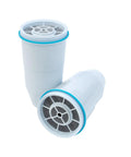 Two Pack Replacement Filters For Water Pitchers And Dispensers With Five Stage Filtration, white cylindrical filters with blue rim.