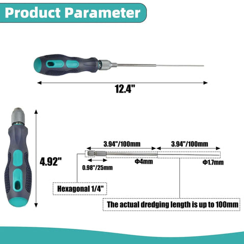 Long Reach Nozzle Poking Tool For 1.75mm 3D Printer Nozzles 200mm Extendable Needle With Anti Burn Handle dimensions illustration