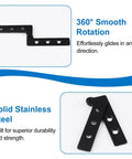 Four Pack Concealed Pivot Door Hinges Delivering 360 Degree Rotation And Bulletproof Stainless Steel Build Dead Silent Performance Rock Solid Durability Smooth Sailing Install Perfect For Cabinetry Windows And Interior Doors In Classic Black, showing black stainless steel hinge with rotation mechanism.