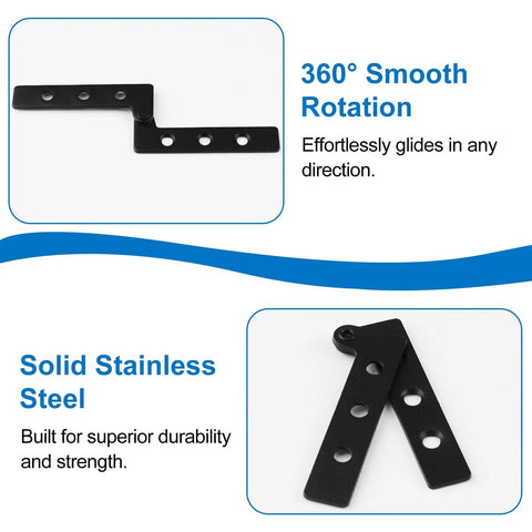 Four Pack Concealed Pivot Door Hinges Delivering 360 Degree Rotation And Bulletproof Stainless Steel Build Dead Silent Performance Rock Solid Durability Smooth Sailing Install Perfect For Cabinetry Windows And Interior Doors In Classic Black, showing black stainless steel hinge with rotation mechanism.