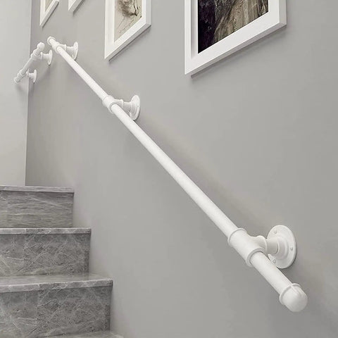 Tough As Nails 14ft Wall Mount Grab Rail And Stair Safety Railing For Home And Deck Use In Clean White Finish mounted alongside stairs.